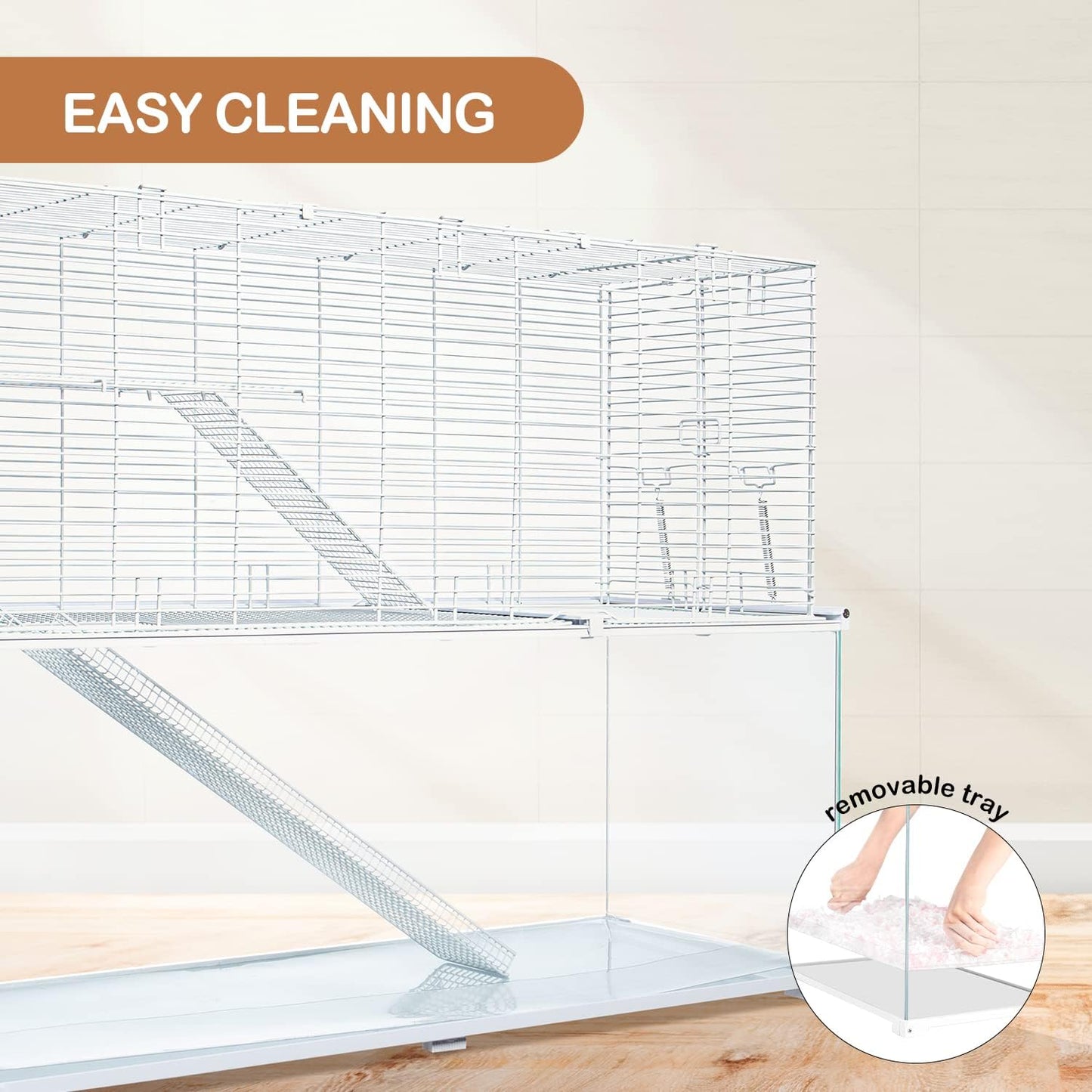 3 Tiers Large Hamster Cages, Glass Hamster Cage Habitat with Openable Wire Topper, Gerbil Cage with Two Ladders Ramps and Removeable Waterproof PVC Tray, Easy to Clean