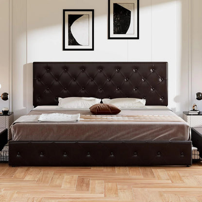 Allewie Upholstered Queen Size Platform Bed Frame with 4 Storage Drawers and Headboard, Square Stitched Button Tufted, Mattress Foundation with Wooden Slats Support, No Box Spring Needed, Light Grey