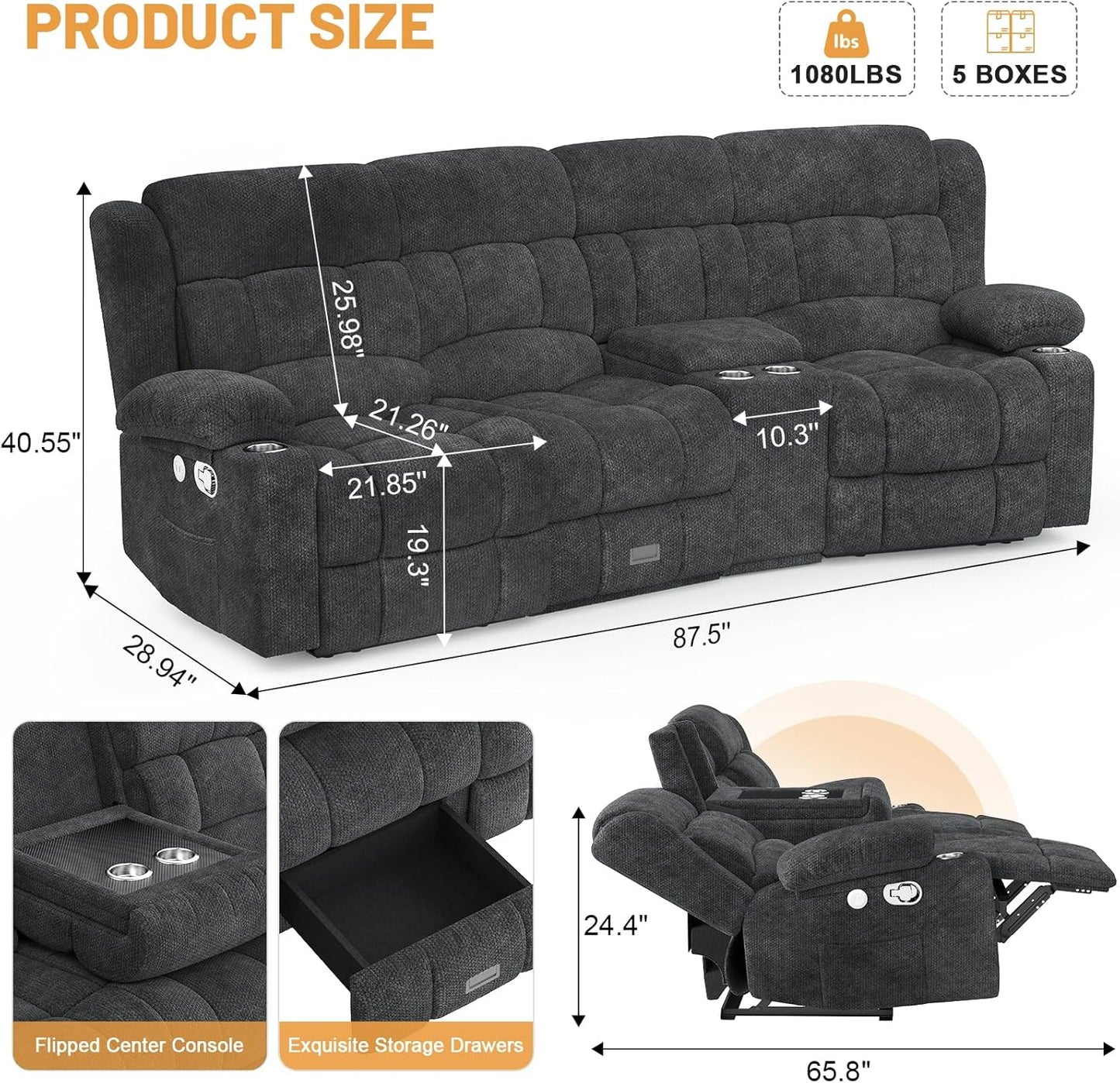 3 Seat Reclining Sofa with Storage Drawer USB Ports & Cup Holders Manual Couch