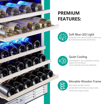 24 inch Wine Cooler, 46 Bottle - Dual Zone Built-in or Freestanding Fridge with Stainless Steel Reversible Glass Door, for Home, Kitchen, or Office.