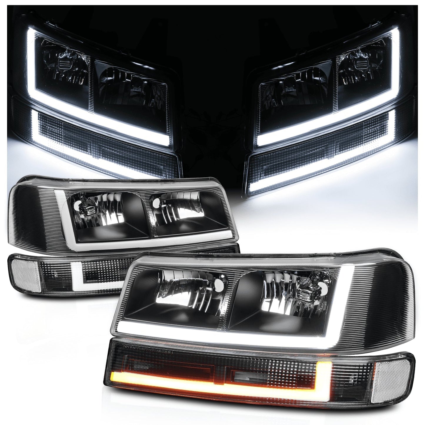 A set of 4 LED running light bars L+R black headlights + bumper signals for 2003-2014 Chevrolet Express 1500,2003-2023 Chevrolet Express 2500