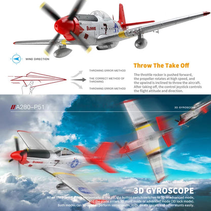 A280 RC Plane 2.4G 4CH 3D6G Mode Aircraft P51 Fighter Simulator with LED Searchlight RC Airplane Toys for Children