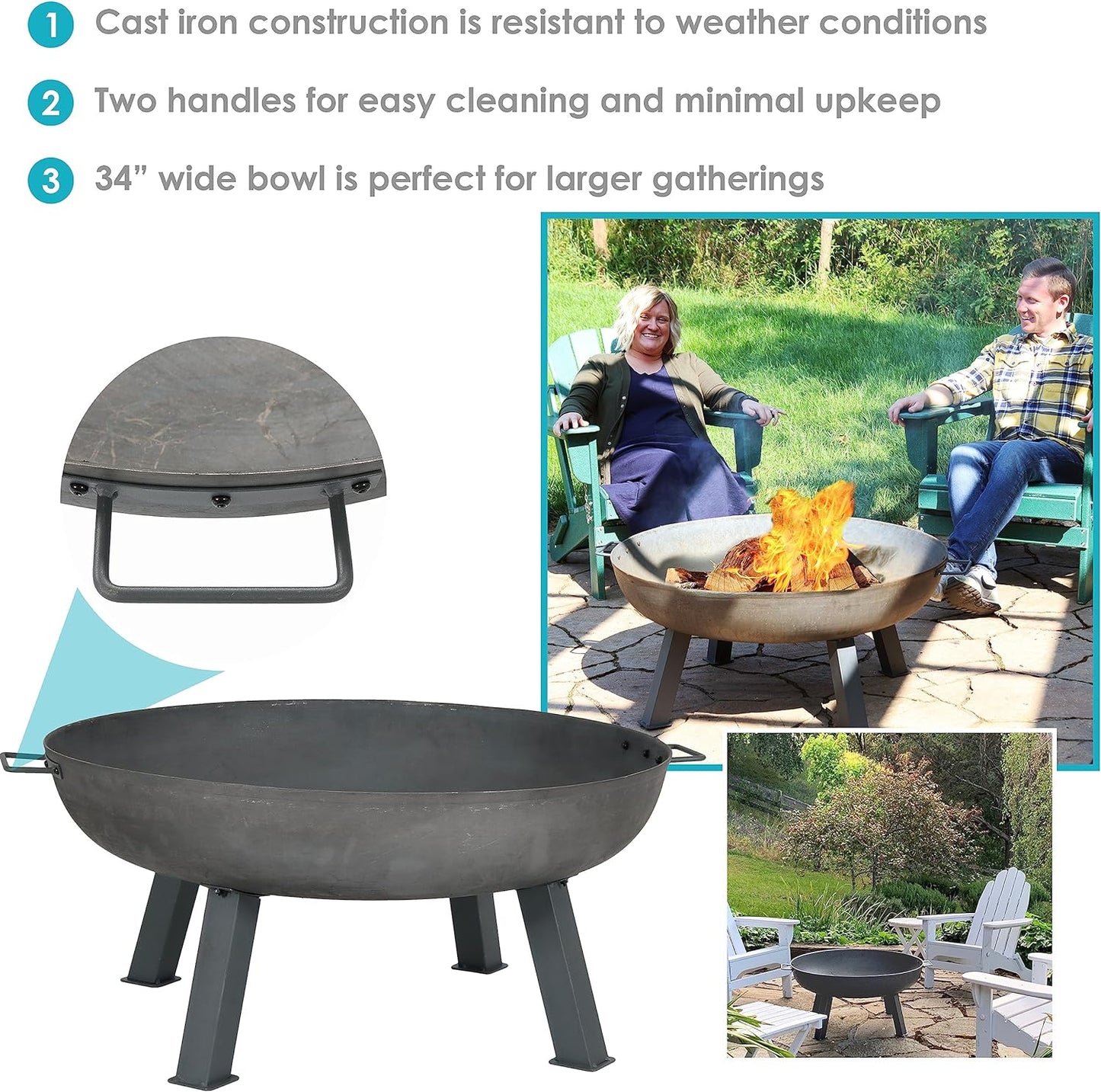 34-Inch Rustic Cast Iron Outdoor Raised Fire Pit Bowl with Handles - Oxidized Finish