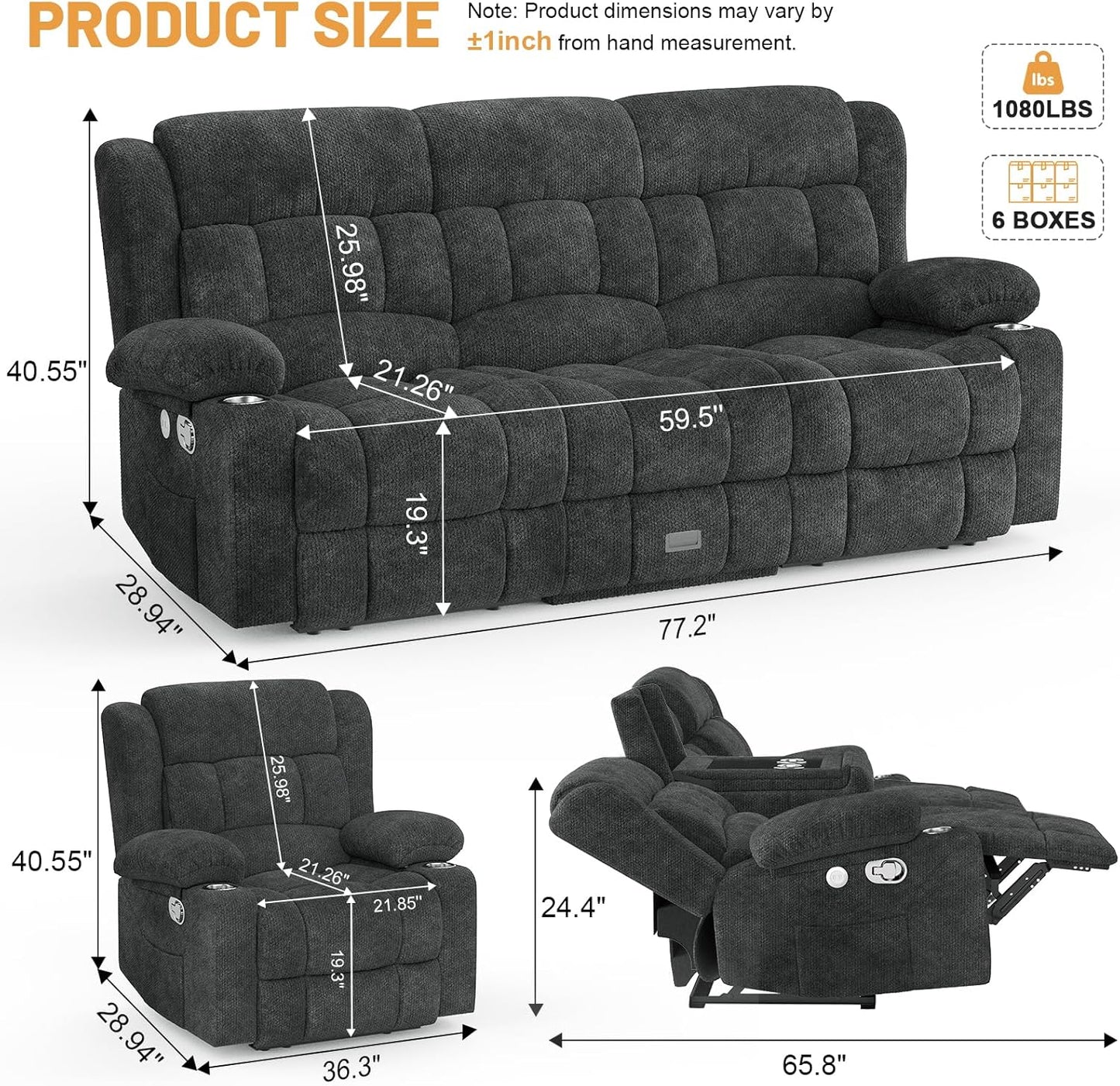 3 Seat Reclining Sofa with Storage Drawer USB Ports & Cup Holders Manual Couch