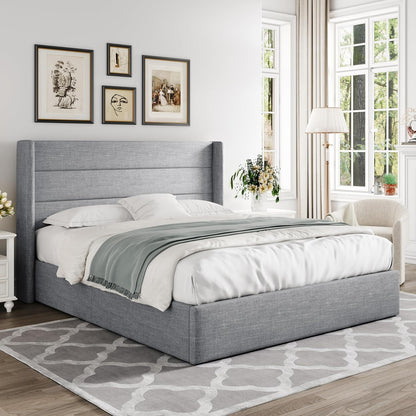 Allewie Queen Size Lift Up Storage Bed, Modern Wingback Headboard, Hydraulic Support, No Box Spring Needed, Light Beige