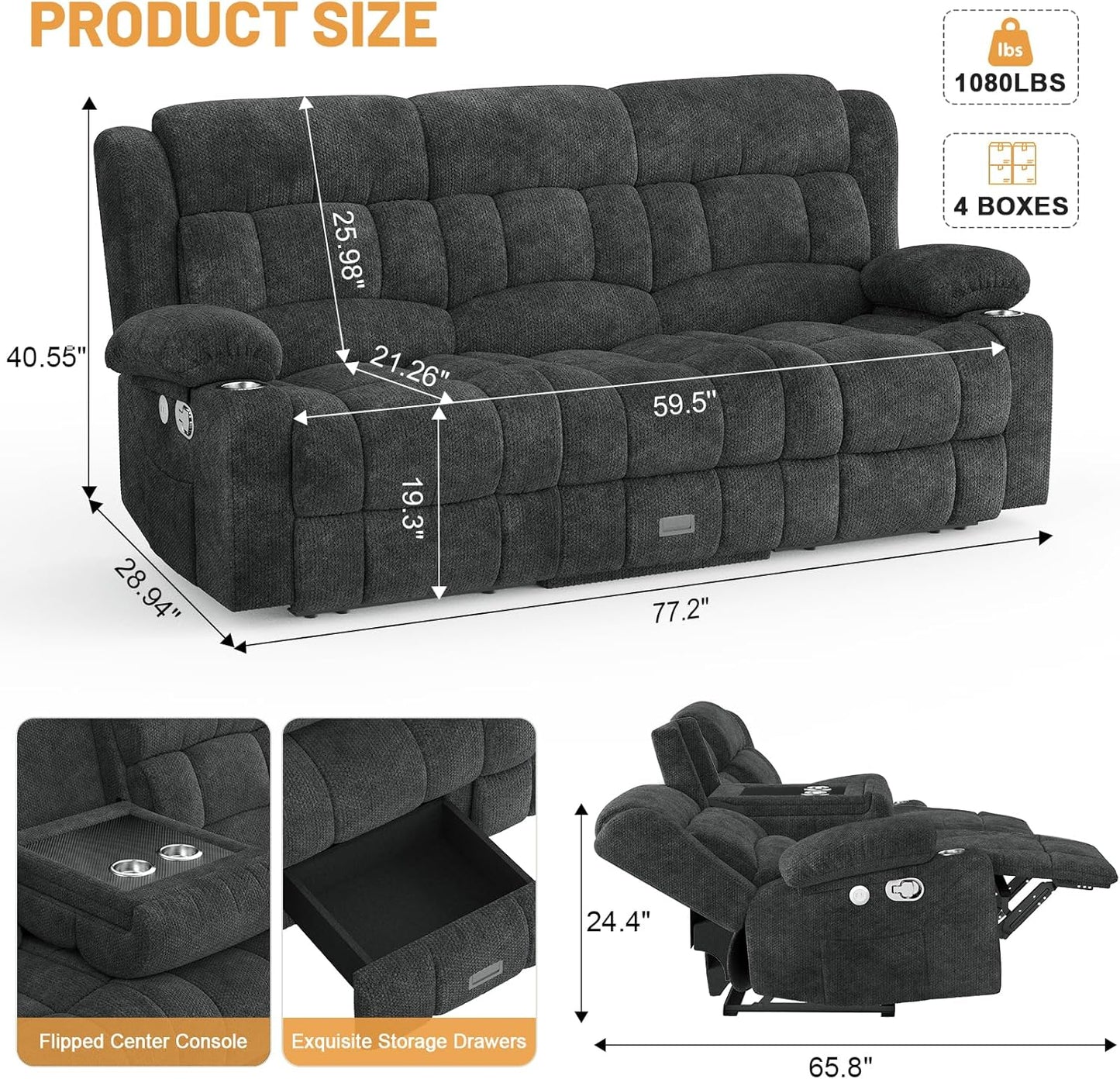 3 Seat Reclining Sofa with Storage Drawer USB Ports & Cup Holders Manual Couch