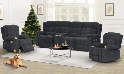 3 Seat Reclining Sofa with Storage Drawer USB Ports & Cup Holders Manual Couch