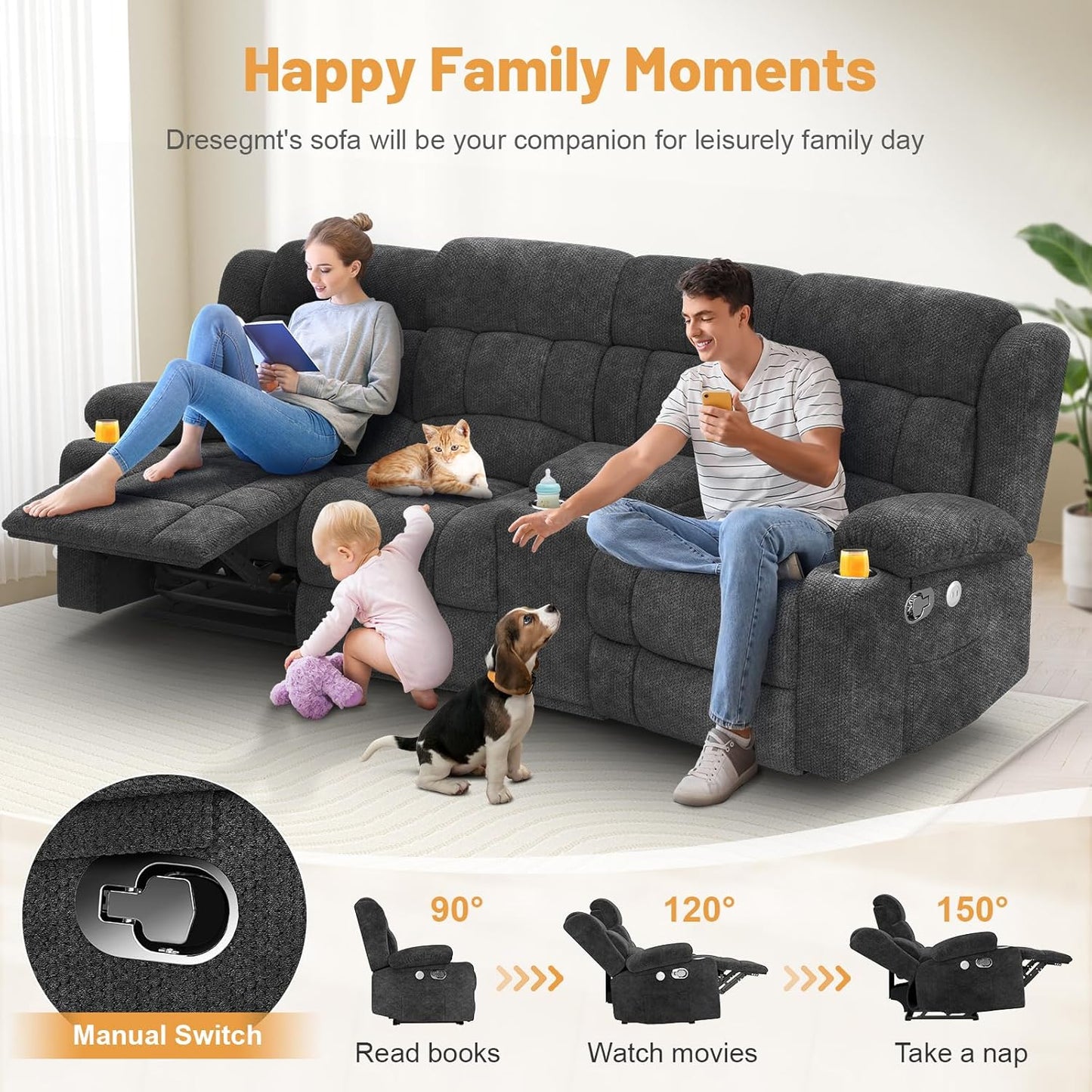 3 Seat Reclining Sofa with Storage Drawer USB Ports & Cup Holders Manual Couch