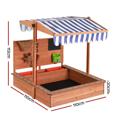 Adjustable Canopy Wooden Kids Sandpit w/ Cover, Extras - Keezi