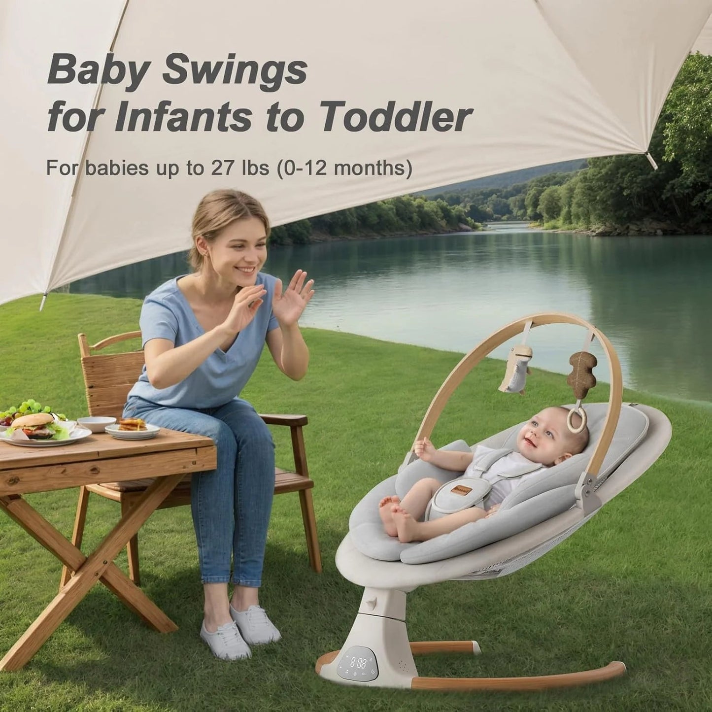 Baby Swings for Infants, Monamii Baby Swing, Bluetooth Infant Swing with Music Speaker, 5 Speeds and Remote Control, Indoor & Outdoor Use