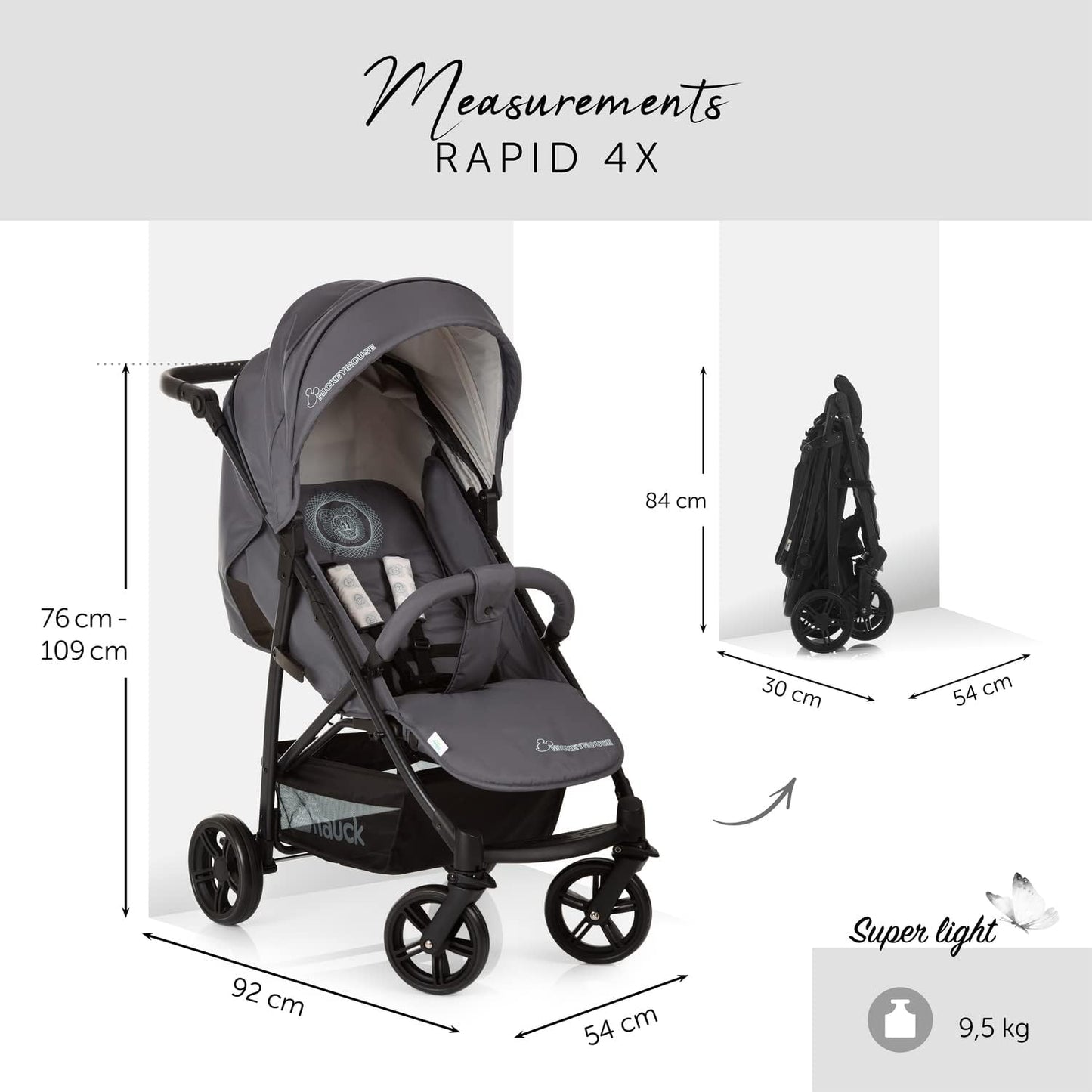 4X Carrito Bebe, desde el Nacimiento hasta 25 kg, Silla de Paseo Ligera, Silla Bebe, Reclinable, Plegable, Compacta, Mickey Mouse Gris