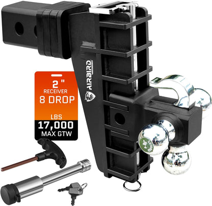 Adjustable Trailer Hitch Fits 2-Inch Receiver, Heavy Duty Tow Hitches (17000 LBS GTW) 6 Inch Drop Truck Hitch Tri-Ball Mount with Hook (1-7/8" x 2" x 2-5/16")
