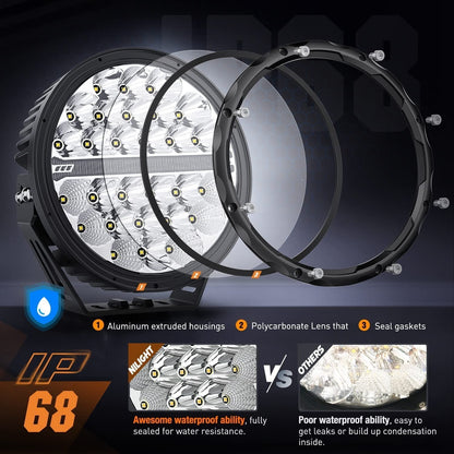 9-inch round off-road LED drive light, 2PCS 140W 15560LM IP68 multi-point floodlight combination work light, 12AWG DT connector harness kit for 4x4 Jeep Truck ATV UTV SUV, 5-year warranty