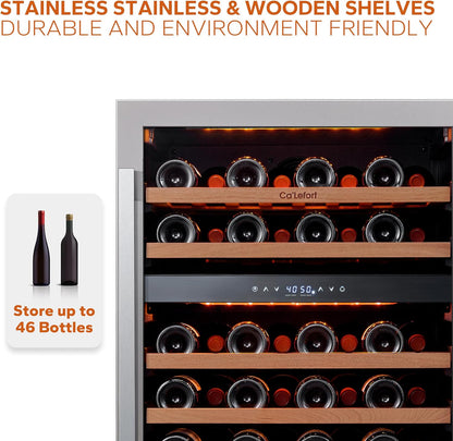 24'' Wine Cooler Refrigerator - 46 Bottle Wine Fridge Dual Zone with Modern Touch Intelligent Digital 40°-65°F Low Noise, Built in or Freestanding Wine Cooler for Home and Kitchen