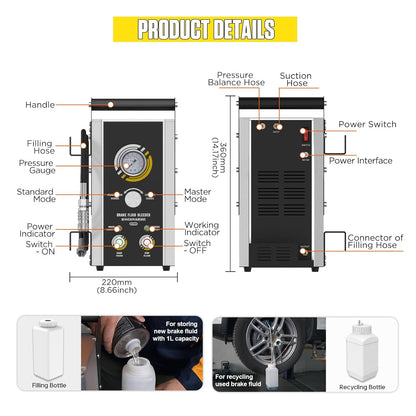 Automotive Brake Bleeder Kit, 100V-240V Electric Brake Bleeding Device, 0~3Bar Brake Fluid Oil Exchanger with 7PCS Master Cylinder Adapter, Pressure Gauge & Portable Carrying Handle