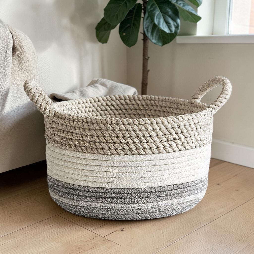 Zareva Woven Cotton Rope Storage Basket - Eco-Friendly Minimalist Organizer with Handles